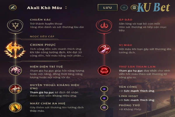 Bảng bổ trợ Akali mùa 11 - Akali top lane với ngọc bổ trợ Chinh Phục