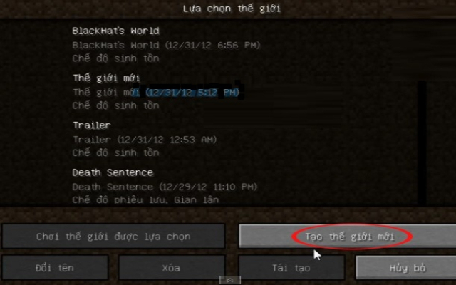 Lựa chọn thế giới trong Minecraft